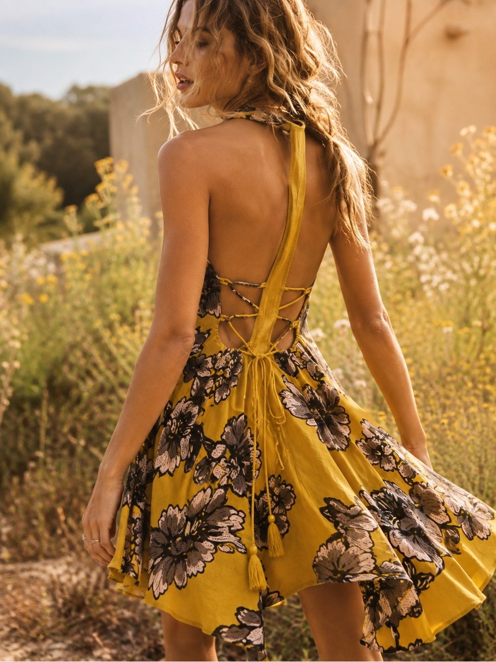 Free People Dreamgirl Floral Halter Mini Dress Yellow Combo Size S/P